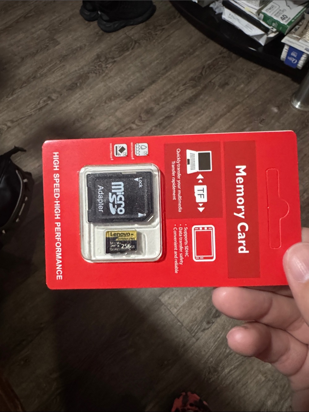 Lenovo 256GB MicroSD Memory Card and Adapter - Black and Gold on Red Pack